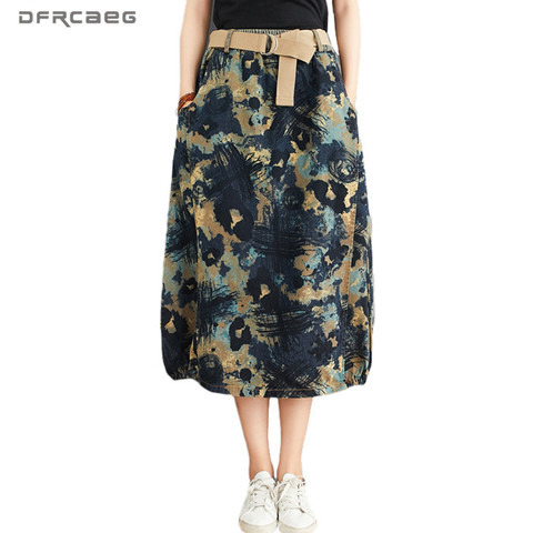 Print Ethnic Women's Jean Long Skirt With Belt 2022 Summer Streetwear Elastic Waist Vintage A-Line Denim Skirts Feminina ► Photo 1/6