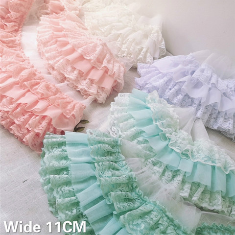 11CM Wide Three Layers Pleated Chiffon Fabric Guipure Lace Embroidery Fringe Ribbon Ruffle Trim Dolls Clothes Dress Sewing Decor ► Photo 1/6