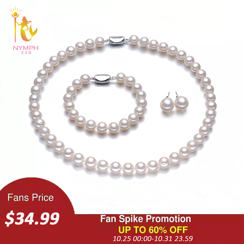 NYMPH Round Natural Freshwater Pearl Jewelry Sets For Women Fine Jewelry 8-9mm necklace bracelet Earring Ring Gift T401 ► Photo 1/4