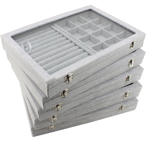 Gray Jewelry Tray Box Bracelet Showcase Display Storage Holder Necklace Organizer Stackable Velvet Clear Lid With Lock ► Photo 1/6