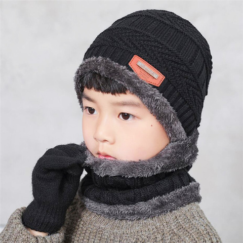 2022 Child Knitted Hat And Scarf Gloves Set Boys Girls Winter Warm Plush Hat 3 Piece Sets Kids New Outdoor Ski Cap Scarves Solid ► Photo 1/6