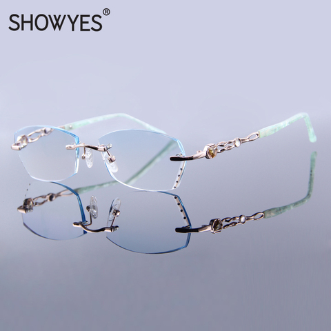 High Clear Reading Glasses Women Titanium Eyeglasses Readers Gold Frameless Rhinestone Diamond Cutting Rimless Ti Presbyopic ► Photo 1/6