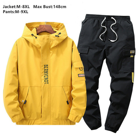 Autumn 6XL 7XL 8XL Men Jacket Hoodies 2 Two Piece Set Clothes Sports Cargo Pants Black Plus Size Man Loose Coat Trousers 2022 ► Photo 1/6