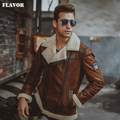 Men's real leather jacket Faux fur shearling motorcycle pigskin Genuine Leather bomber jackets aviator coat men ► Photo 1/6