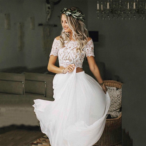Hot Sale Charming Boho Two Pieces Bridal Wedding Gowns Lace Top Short Sleeves Bateau Neckline Wedding Dresses for Bride 2022 ► Photo 1/6