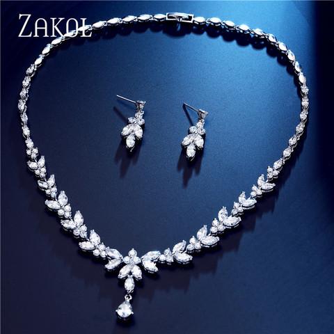 ZAKOL Zircons Brand Fashion White AAA+ CZ Zirconia Leaf Earrings Necklace Set for Women Bridal Weddings Jewelry Set FSSP3181 ► Photo 1/6