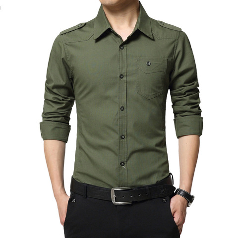 2022 Men's epaulette Shirt Fashion Full Sleeve epaulet Shirt Military Style 100% Cotton Army Green Shirts with epaulets ► Photo 1/6