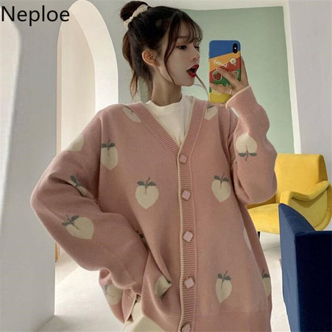 Neploe Sweater Cardigan Cute Pink Coat Women Peach Cardigans Knitted Oversized Jacket 2022 Korean Autumn Long Sleeve Pull Femme ► Photo 1/6