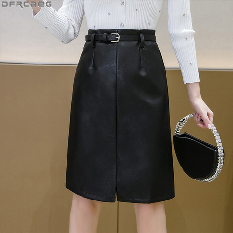 Khaki Blue Black High Waist Pencil Skirt For Women With Belt Autumn Winter Midi Leather Skirt Split Bodycon Wrap Skirts Femme ► Photo 1/6