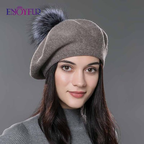 ENJOYFUR Women beret hat female winter knitted wool beret natural raccoon fox fur pompom hat solid color top quality beret cap ► Photo 1/6