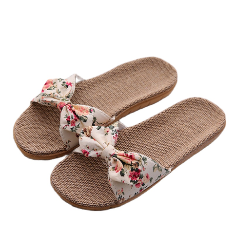 Suihyung Women Flax Slippers Summer Casual Slides Beach Shoes Ladies Indoor Linen Slippers Bohemia Floral Bow Flip Flops Sandals ► Photo 1/6