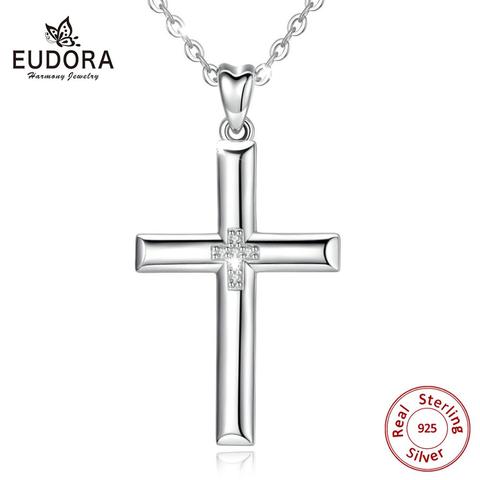 EUDORA 925 Sterling Silver Cross Pendant Necklace Solid silver Cross crystal necklace fine Jewelry with box For Women Man CYD468 ► Photo 1/6