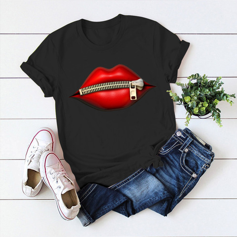 Fashion Women's Casual Sequins Red Lip T-Shirt Short Sleeve T-Shirts 2022 Vintage Creativity zipper Lips T-Shirt,drop ship ► Photo 1/6