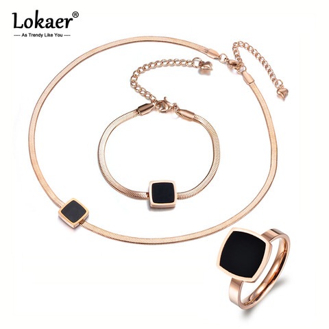Lokaer Trendy Square Black Acrylic Necklace Bracelet Rings Sets Titanium Steel Rose Gold Color Office Jewelry For Women SE019 ► Photo 1/6