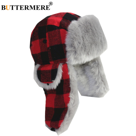 BUTTERMERE Winter Hats for Men Women Red Plaid Trapper Hat Earflap Cashmere Warm Thick Hunter Snow Ski Brand Fur Russian Cap ► Photo 1/6