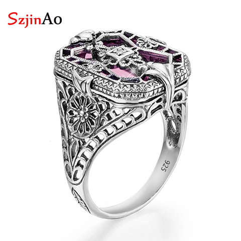 SzjinAo Real 100% 925 Silver Rings For women Pink Ring Gemstones Handmade Birthstone Fine Jewlery Square Wedding Bague Femme Hot ► Photo 1/6