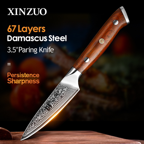 XINZUO Brand 3.5'' inch Paring Kitchen Knife Handmade Damascus Steel Rosewood Handle Japanese Carved Peeling Knife Kitchen Tools ► Photo 1/6