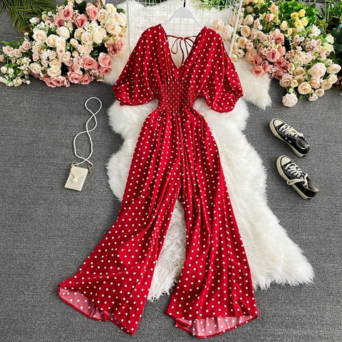 Autumn Sexy Polka Dot Romper Women Elegant V-Neck Puff Short Sleeve High Waist Jumpsuit Female Loose Wide Leg Playsuits Fashion ► Photo 1/6