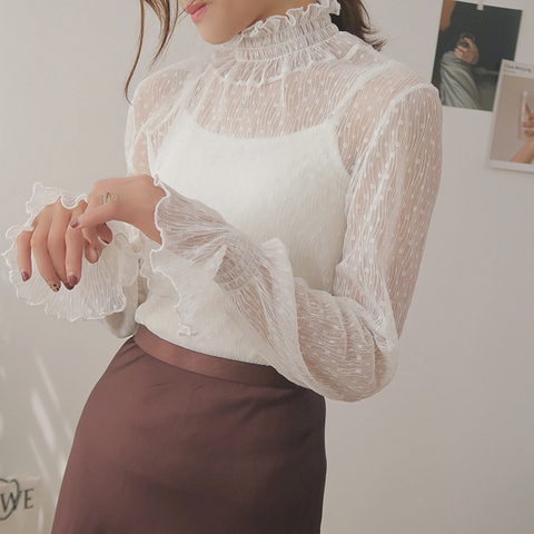 2022 New Transparent Korean Loose Women Lace Blouse 3 Colors Female Bottoming Blouses Plus Size Cheaper Tops ► Photo 1/6