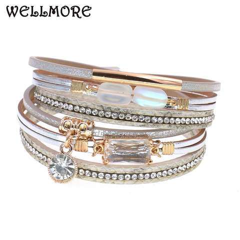 WELLMORE NEW fashion glass bracelet leather charm bracelets for women Luxury Wedding Statement Jewelry Wholesale drop shipping ► Photo 1/6