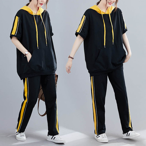 Summer striped hooded sports suit women plus size bust 150cm 6XL 7XL 8XL 9XL loose casual thin sports suit women black color ► Photo 1/6