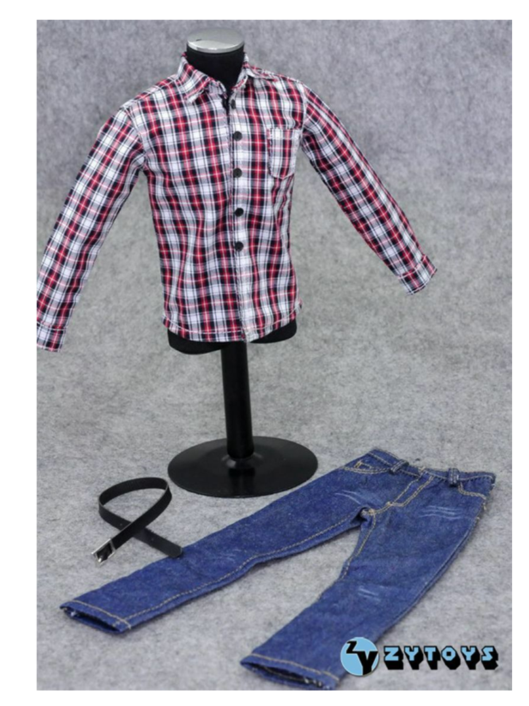 ZY TOYS 1/6 Scale Man Clothes Red White Plaid Shirt Blue Jeans Set F 12" Figure
