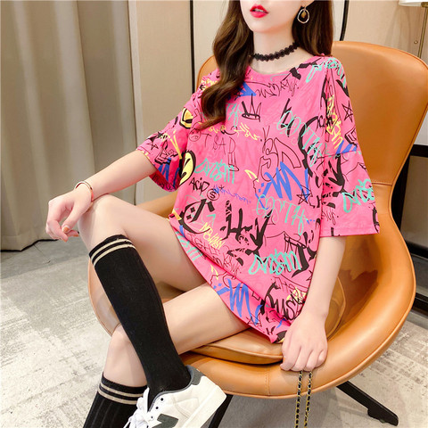 Hot Elegant Korean Style T-Shirts For Women Loose Short Sleeve Round Neck  Printed Ladies Tee Oversize Clothes NS4605 ► Photo 1/6