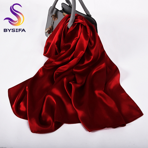 [BYSIFA]  Pure Silk Wine Red Silk Scarf Shawl Women Fashion Luxury Crepe Satin Silk Long Scarves Ladies Brand Head Scarf Cape ► Photo 1/6