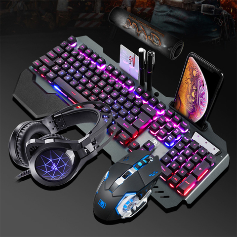 Mechanical Rainbow Backlit Gaming Keyboard and Optical Mice With PC Gaming headset, Pen Phone Holder,Waterproof,Multi Shortcuts ► Photo 1/6