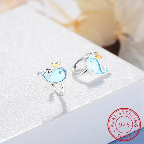 100% Sterling Silver Blue Lovely Whale Stud Earrings For Girls Kids Children Creative Cute Marine Animals Girl Jewelry ► Photo 1/6