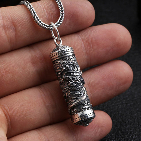 S925 Sterling Silver Vintage Thai silver ancient Tube Jewelry Dragon Design Punk Mens Memorial Pendant Holder Ash Urn Necklace ► Photo 1/6