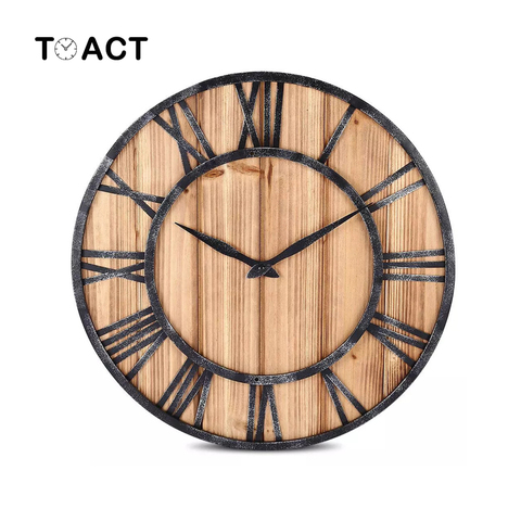 European Wooden Wall Clock Metal Quartz Wood Wall Clock Large Size Mute Living Room Home Decoration Modern Design ► Photo 1/6