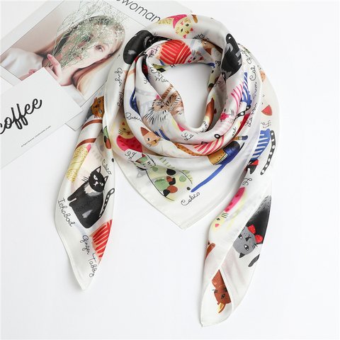 2022 Hot Sale Women Silk Scarf Square Shawls Hijab Head Band Foulard Lady Neck Scarves Fashion Cat Print Cartoon Hand Kerchief ► Photo 1/6