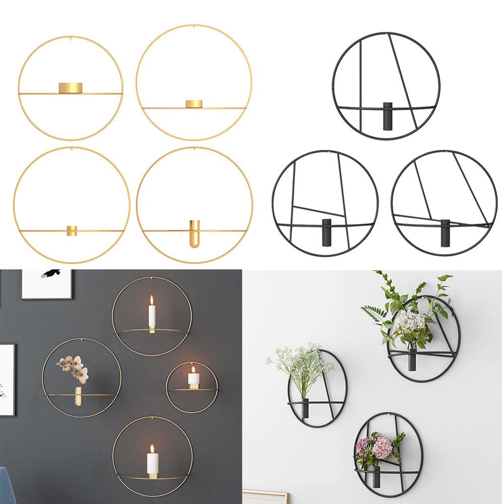 Metal Candle Holder Geometric Round Candlestick Wall Mounted Crafts Home Decor 