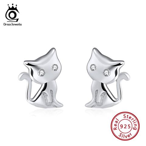 ORSA JEWELS Women Stud Earrings Cat Shape 925 Sterling Silver Romantic 11 MM Cats Earring Female Club Party Jewelry Gift SE107 ► Photo 1/6