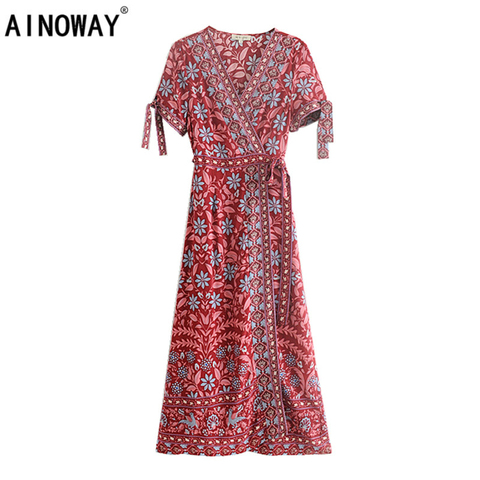 Vintage chic Women Floral print short sleeve sashes beach Bohemian long dress Ladies V neck Summer  Boho maxi dress  vestidos ► Photo 1/6