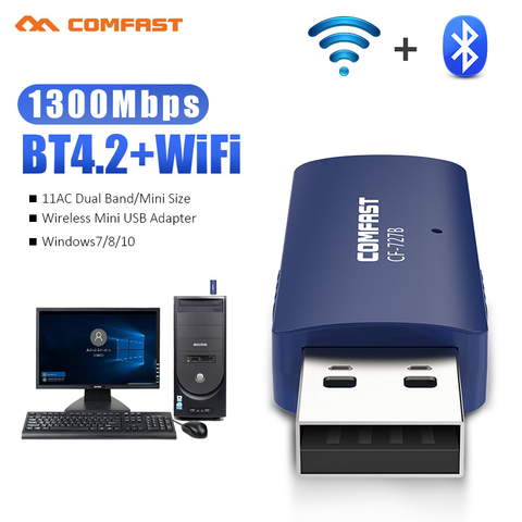 Wireless USB WiFi Bluetooth 4.2 Dongle 1300Mbps for PC Desktop Laptop 5GHz +2.4G Wireless Network Adapter USB Bluetooth Card ► Photo 1/6