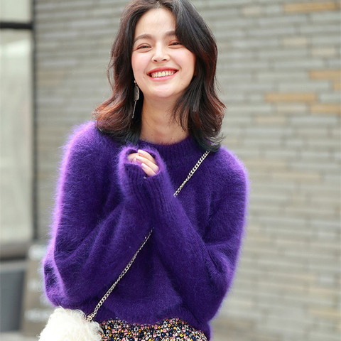 2022 Winter New Mink Cashmere Sweater Round Neck Pullover Angora Loose Temperament Purple Lazy Knitwear Woman JN931 ► Photo 1/4