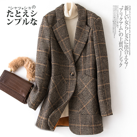 Bella Philosophy Autumn WInter Vintage Women Plaid Suit Woolen Jacket Ladies Slim Casual Wool Blazer Single Breastered Coat ► Photo 1/6