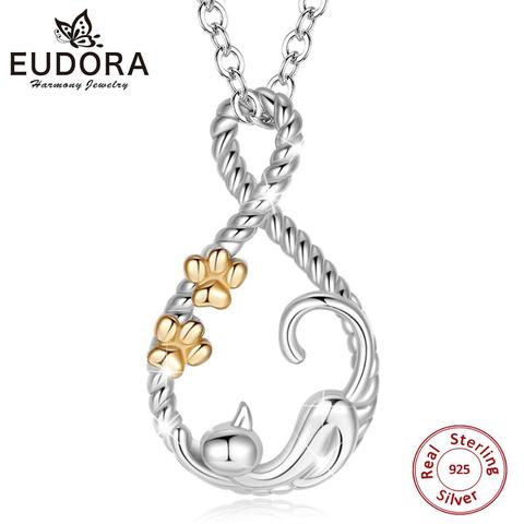 EUDORA Sterling Silver Sleeping cat Pendant Necklace Gold Cat footprints necklace Animal pet Jewelry for lady girl with box D187 ► Photo 1/6