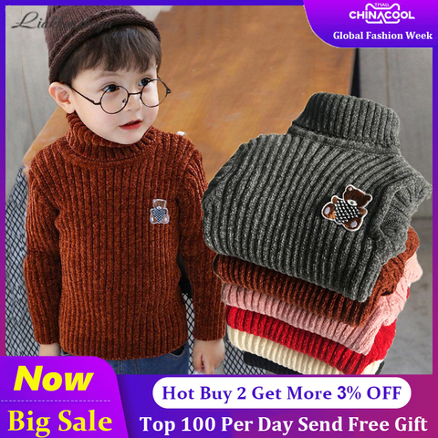 High Quality Sweater With Bear Pure Winter Boy Girl Kid Thick Knitted Turtleneck Shirts Solid High Collar Pullover Fluff Sweater ► Photo 1/6