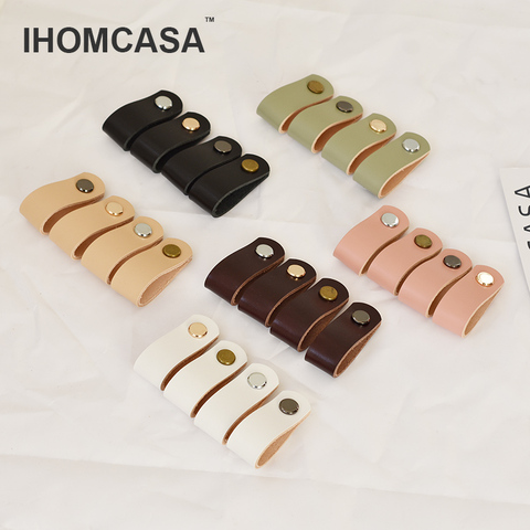 IHOMCASA Brass Vintage Furniture Cabinet Handles Kitchen Dresser Wardrobe Cupboard Drawer Knobs Door Pulls Brown Genuine Leather ► Photo 1/1