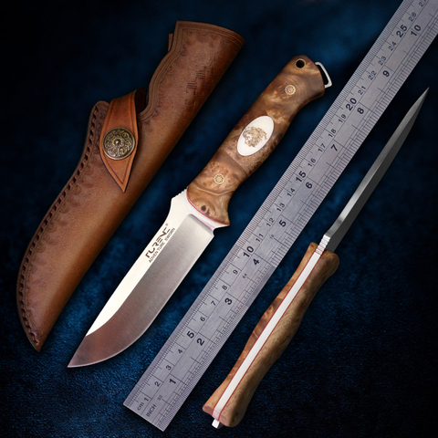 TURENZ-Bushcraft Knife Full Tang A2 Steel Burl Wood Handle Fixed Blade Hunting Knife with Sheath Outdoor Camping Survival Tool ► Photo 1/6