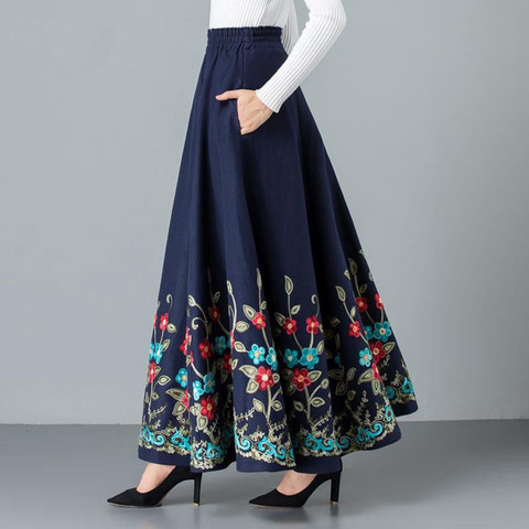 Mom elegant Embroidered Maxi pleated skirt Women Plus Size Winter Warm Woolen Long Skirt Lady High Waist Casual Wool Office saia ► Photo 1/6