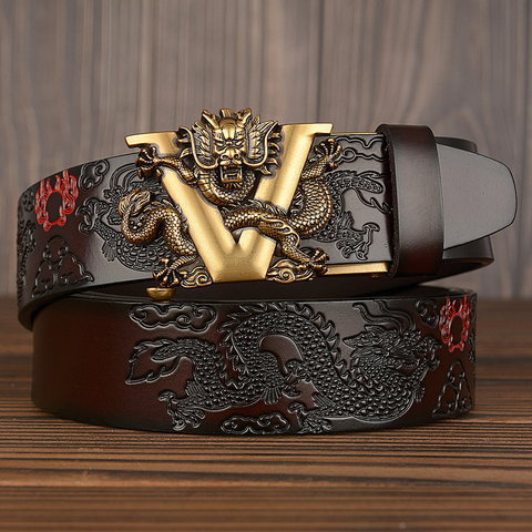 New Male China Dragon Belt Cowskin Genuine Leather Belt for Men Carving Dragon Pattern Automatic Buckle Belt Strap For Jeans ► Photo 1/6