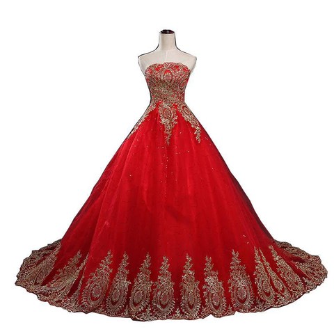2022 New Ball Gown Lace Tulle Red Wedding Dress with tail Chinese Pattern Style Cheap China Embroidery Bridal Gown ► Photo 1/6