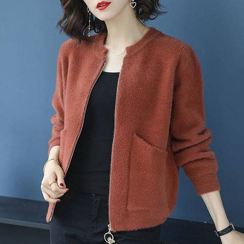 Imitation Mink Velvet Long Sleeve Knitted Sweater Coat Female Round Neck Zipper Pocket Decoration Long Sleeve Sweater Coat Women ► Photo 1/6