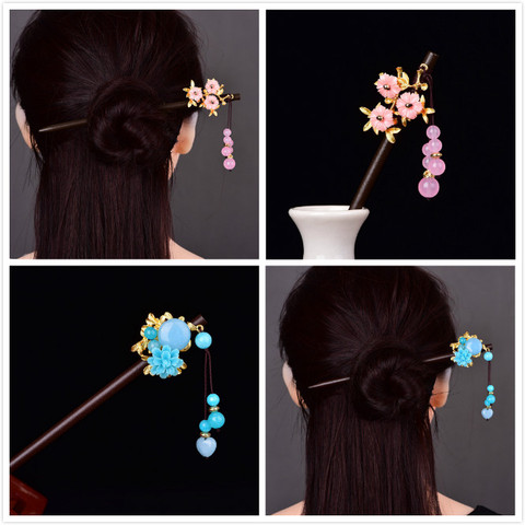 Original Chinese Ancient Court Powder Crystal Wooden Hair Sticks Fairy Temperament Hanfu Coloured Glaze Hair Ornament ► Photo 1/6