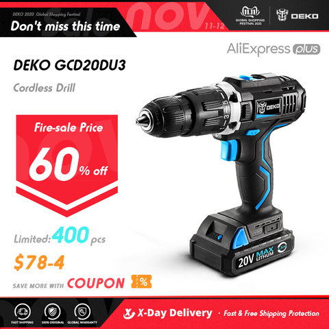 Factory Outlet DEKO GCD20DU3 20V Max DC Electric Screwdriver LED Impact Cordless Drill Lithium-Ion Mini Power Driver 2 Battery ► Photo 1/1