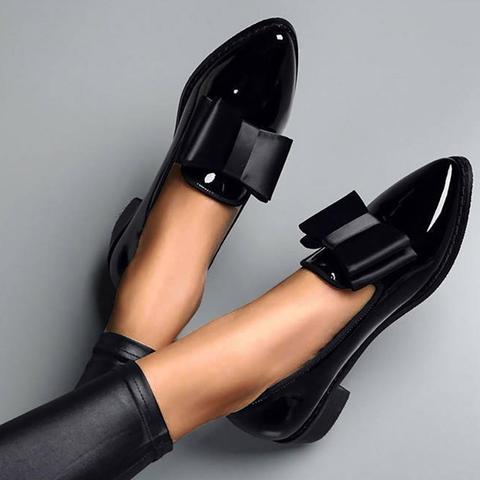 Spring Flats Women Shoes Bowtie Loafers Patent Leather Women's Low Heels Slip On Footwear Female Pointed Toe Thick Heel ► Photo 1/6